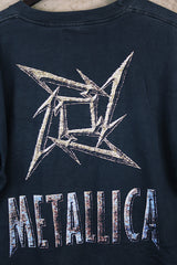 Men's or women's vintage 1990's Murina, Made in USA label short sleeve black Metallica band tee with multicolored graphic on front and back.