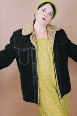 Men's or women's vintage 1970's Towncraft, JCPenny label size large chocolate brown long sleeve suede jacket with shearling liner, popper buttons, and contrast stitching.