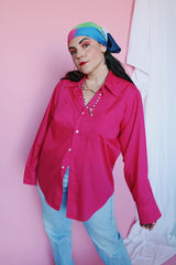 Men's or women's vintage 1970's Manhattan, Dura Brite, Torque label long sleeve hot pink button up shirt with dagger collar and clear buttons.
