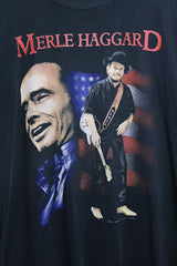 Men's or women's vintage 1994 Best, Fruit of the Loom, Made in the USA label black Merle Haggard tour tee with large colored graphic on front and back in a cotton and polyester material.