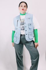 Women's or men's vintage 1990's Casey & Max label light blue denim sleeveless best with all over pockets and bronze hardware.
