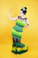 sleeveless floor length dress green and yellow striped print with sheer lace panels vintage 1990's