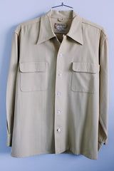 Men's vintage 1950's Single Needle Custom Construction Thomas Shirt, Los Angeles long sleeve tan colored button up shirt in all wool material