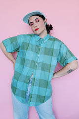 Men's or women's vintage 1960's John Wells, Traditional Tapered, Made in USA label short sleeve button up shirt in blue and green large plaid print.