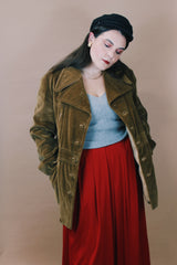 Men's or women's vintage 1970's Towncraft, Penneys, Made in Yugoslavia label size large long sleeve brown colored corduroy pea coat with button closure and pockets.