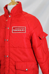 Women's or men's vintage 1980's Horizon Sportswear Inc., Made in USA label long sleeve red nylon puffer jacket with patch on left chest.