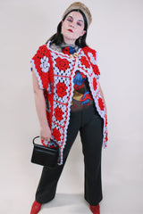 Women's vintage 1970's short sleeve crochet open front sweater with a drapey style in red and grey colors. Soft acrylic material