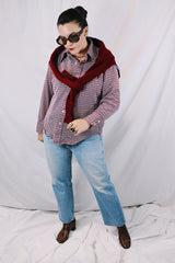 Men's or women's vintage 1970's Arrow Knits label long sleeve button up shirt with dagger collar and chest pocket. Polyester material in white with all over maroon colored print.