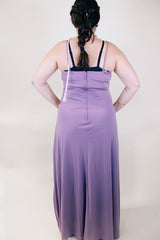 Women's vintage 1980's sleeveless ankle length purple dress with spaghetti straps and bead and sequins across chest.