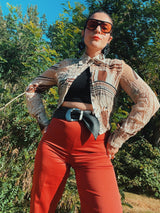 sheer cropped button up blouse with collar and ruched cuffs and hems women's retro 1990's