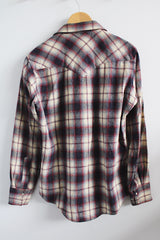 Men's vintage 1970's medium size long sleeve button up shirt in wool. Cream, navy, and red all over plaid print. Pearl popper buttons.