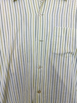 Women's or men's vintage 1960's Hickok label long sleeve light lime green button up pajama shirt with vertical stripes and one left chest pocket.