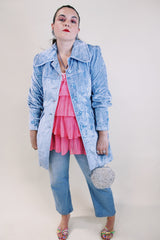 Women's vintage 1970's long sleeve long length pale blue crushed velvet jacket. Puff sleeves and matching tie belt.