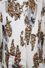 Women's vintage 1970's matching novelty print sleeveless tank top and button up blouse with dagger collar. All over novelty print in white and brown colors.