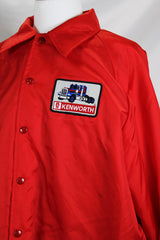 Men's or women's vintage 1980's Swingster, World of Wearables label long sleeve lightweight Nylon red windbreaker with popper buttons up the front, a patch, and furry fleece liner