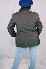 Men's or women's vintage 1980's Fintex Clothes label long sleeve brown colored double breasted blazer with button front closure and pin stripes