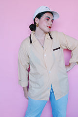 Men's or women's vintage 1960's Van Heusen label button up pajama shirt with collar. Yellow with brown and white trim.
