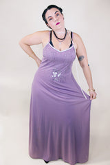 Women's vintage 1980's sleeveless ankle length purple dress with spaghetti straps and bead and sequins across chest.