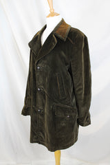 Men's or women's vintage 1970's The Country Coat, Sears The Men's Store label long sleeve dark brown colored jacker in corduroy material with double lapel and leather buttons.