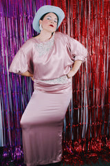 Women's vintage 1980's shiny satin light pink two piece matching set.