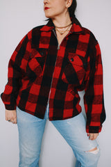 Men's or women's vintage 1970's JCPenney Hunting Apparel label size medium wool material long sleeve zip up red and black buffalo plaid shacket.