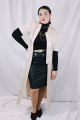 Women's vintage 1990's R & M Richards by Karen Wong label short sleeve long length duster dress in a cream satin like material. Long side slits, mandarin collar, and fabric covered buttons.