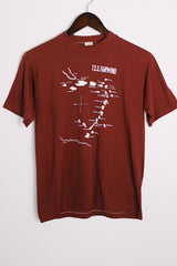 Men's or women's vintage 1970's Sportswear, Made in USA label maroon colored tee with white graphic on the front in a polyester and cotton material.