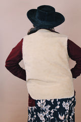 Men's vintage 1980's Swingster, World of Wearables, Made in USA label size medium sleeveless tan suede vest with a cream shearling liner and brass zipper up the front.