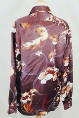 Men's vintage 1980's Tori Richard Honolulu, Made in USA label brown polyester button up shirt with all over floral print.