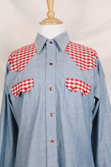 Men's vintage 1970's Dee Cee Brand, Authentic Western Wear, Made in USA long sleeve light blue chambray shirt with red and white gingham patchwork.