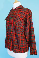 Men's vintage 1960's Pendleton label long sleeve button up shirt in red and grey plaid print in a wool material.