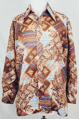Men's vintage 1970's EPI, European Prime International label long sleeve lightweight polyester button up shirt in brown with all over multicolored abstract print.
