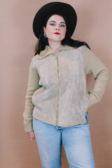 Women's vintage 1970's Elan label medium size zip up cardigan with knit acrylic body and suede front in tan color.