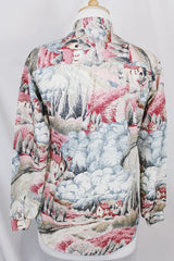 Women's vintage 1970's Lady Arrow label long sleeve half button closure tunic blouse with an all over pin, blue, and grey novelty print.