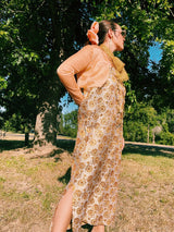 maxi length gold dress with gold metallic threaded pattern vintage 1960's