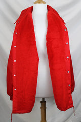 Men's or women's vintage 1980's Swingster, World of Wearables label long sleeve lightweight Nylon red windbreaker with popper buttons up the front, a patch, and furry fleece liner