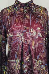 Men's or women's vintage 1970's long sleeve maroon colored button up shirt with all over multi colored abstract print in slinky polyester material.