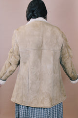 Men's or women's vintage 1970's Skinny's Hideout, Knight Tailors LTD. Australasia, Made in New Zealand label size large long sleeve tan brown suede medium length coat with cream shearling liner.