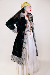 Women's vintage 1960's Glensea Fabric Expressly for North Bay by Glenoit, Union Made label long sleeve long length faux fur coat in brown and tan with toggle buttons.