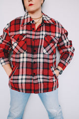 Men's or women's vintage 1970's Sears, The Men's Store label long sleeve button up shacket in size large. All over red and navy plaid print.