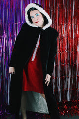 Women's vintage 1950's Consumer's Protection Label, BDW, Manufactured Under Fair Labor Standard label long sleeve long length black velvet hooded duster jacket.