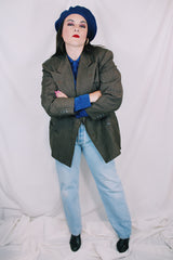 Men's or women's vintage 1980's Fintex Clothes label long sleeve brown colored double breasted blazer with button front closure and pin stripes