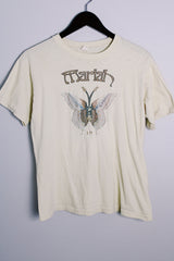 Women's or men's vintage 1970's Ched, Quality Knits label short sleeve cream colored Mariah band tee with brown butterfly graphic on the front.