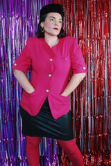 Women's vintage 1980's Collections label short sleeve button up power blazer in hot pink colors.