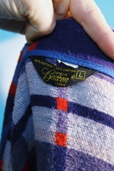 Women's or men's vintage 1950's Beacon label long sleeve long length plaid print dressing gown in purple, red, and white plaid print.