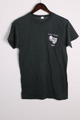 Women's or men's vintage 1970's Made in USA label short sleeve black colored Jethro Tull tour tee with graphic on front and back in white in cotton material.