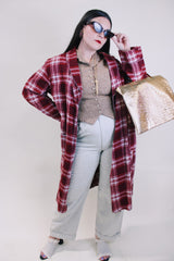 Women's or men's vintage 1950's Beacon label cotton blend material red and white plaid print sleepwear robe with satin trim and two front pockets