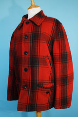Men's vintage 1970's Sheraton Sportswear label long sleeve black and red buffalo plaid wool shacket.
