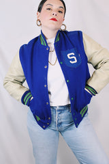 Men's or women's vintage 1970's Dehen, Award Letters, Beaverton, Oregon label long sleeve cream and vibrant blue varsity letterman jacket with green and yellow trim in wool and leather material.