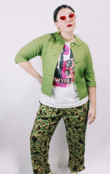 Women's vintage 1960's cropped style green cotton material button up lightweight jacket with 3/4 arm length.